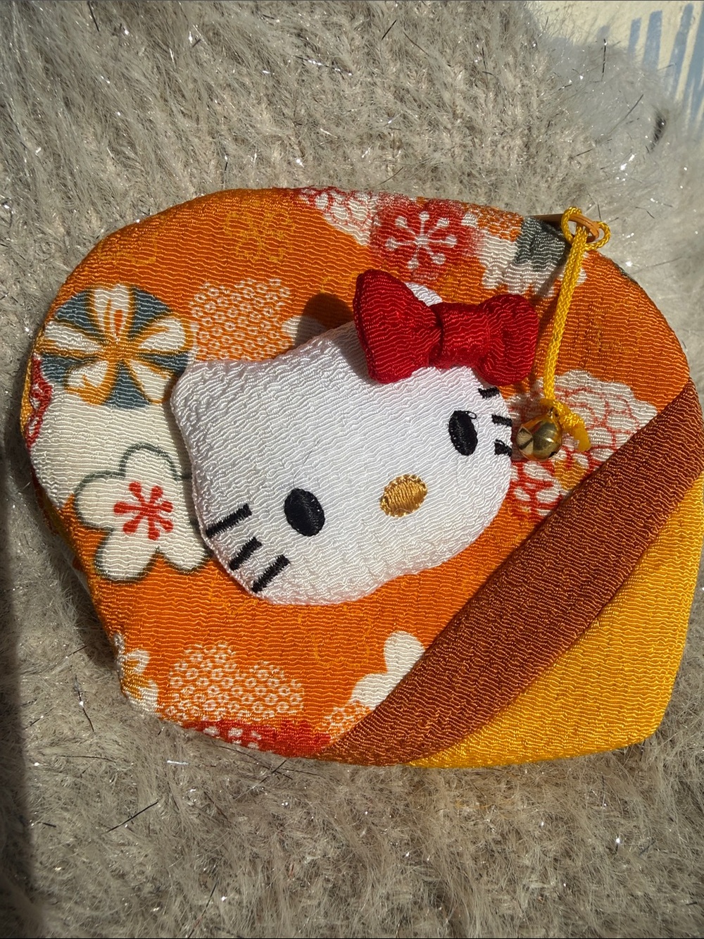 Hello Kitty 3D puffy Orange Floral Coin Pouch with Red Bow and chain bell .